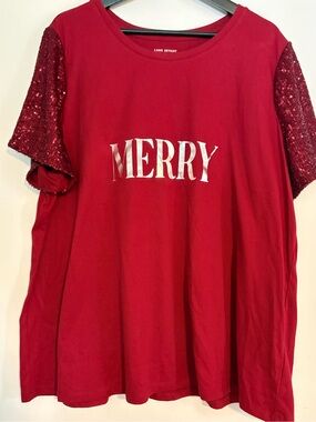 Lane Bryant 22/24 Merry Christmas Sequin Sleeve Holiday Top Red